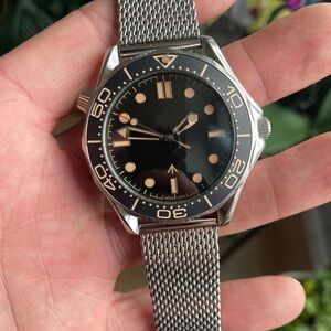 Stylish Black and Silver Watch automatic stainless steel mesh strap